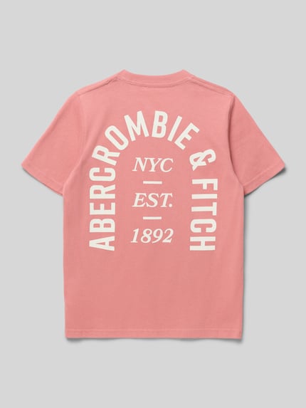 Produktfoto, rosafarbenes T-Shirt mit weißen Label-Prints Modell 'NYC EST 1892' von Abercrombie&Fitch, Regular Fit, Rundhalsausschnitt