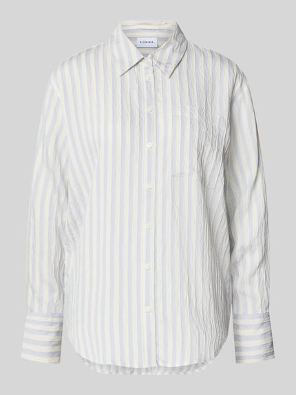 Produktfoto, Relaxed Fit Bluse aus Viskose-Mix von comma, gestreift in Weiß und Hellblau, Hemdblusenkragen, Knopfleiste, leichte Struktur