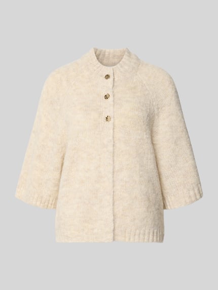 Produktfoto, Relaxed Fit Cardigan mit Woll-Anteil Modell 'Benutta' von Neo Noir in Strick-Optik, beige Töne, halbe Ärmel, Knopfleiste.