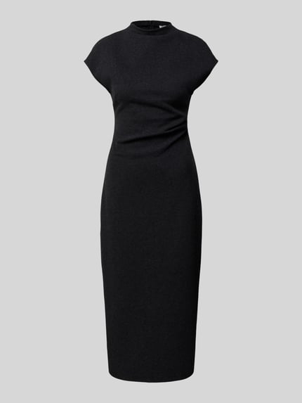 Produktfoto, schwarzes, tailliertes Midikleid mit Stehkragen und Raffungen, Modell 'Dominique' von GUIDO MARIA KRETSCHMER WOMAN, Baumwoll-Mix.