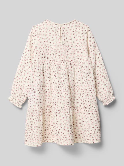 Produktfoto, A-Linie Freizeitkleid aus reiner Baumwolle Modell 'THYRA' von Only, kremowe z różowym wzorem, flammgarn, długość midi, okrągły dekolt, długie rękawy