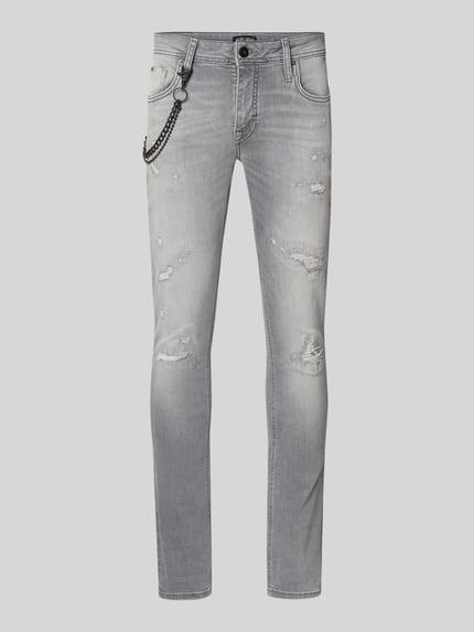 Produktfoto, Tapered Fit Jeans mit Ketten-Detail von Antony Morato in Grau aus Baumwoll-Elasthan-Mix im Destroyed-Look, 5-Pocket-Design, Knopf- und Reißverschluss, Bundweite 40 cm, Innenbeinlänge 82 cm, glatte und leicht raue Textur.