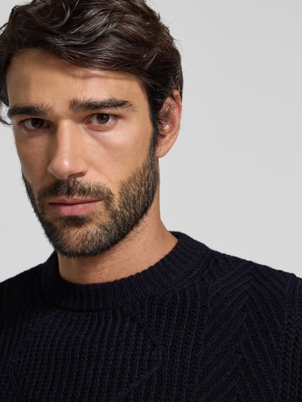 Manuel Ritz Strickpullover mit Zopfmuster und Rundhalsausschnitt Marine 3