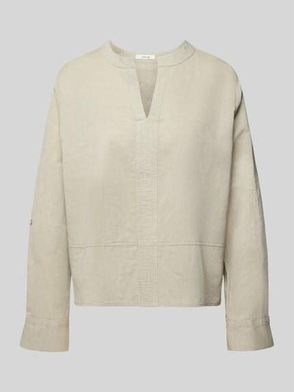 Produktfoto, Regular Fit Bluse mit V-Ausschnitt Modell 'Feleen' von OPUS, mieszanka bawełny i lnu, krój regular fit, długość tyłu 58 cm, długość rękawów 57 cm, jasny beż, proste linie, gładka faktura