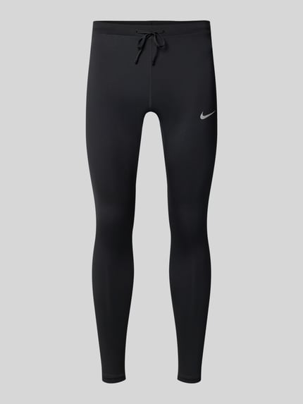 Produktfoto, Tight Fit Sport-Leggings mit Logo-Print von Nike, unifarben schwarz, elastischer Bund, Tunnelzug, Gesäßtaschen, Stretch Material