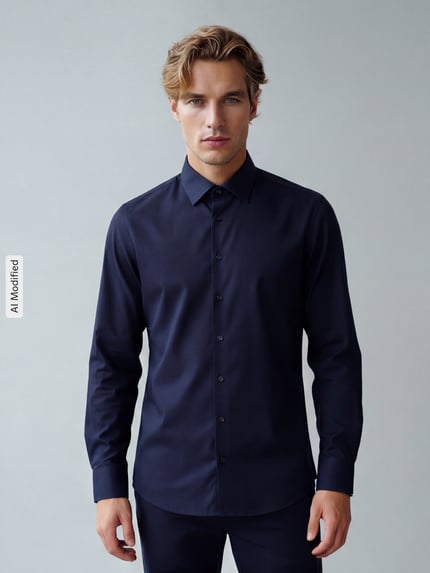 Männermodel trägt donkerblauw Heren zakelijk overhemd van katoen, Body Fit Businesshemd aus reiner Baumwolle model 'Level Five' van OLYMP, Ganzkörperansicht von vorne.