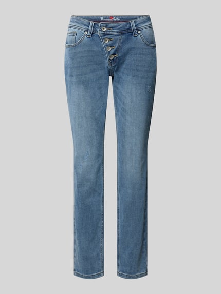 Produktfoto, Cropped Jeans mit Knopfleiste Modell 'Malibu' von Buena Vista, blauwe denim met lichte wassingen, katoenmix met viscose, steekzakken, taillewijdte maat S 39 cm, binnenbeenlengte 76 cm