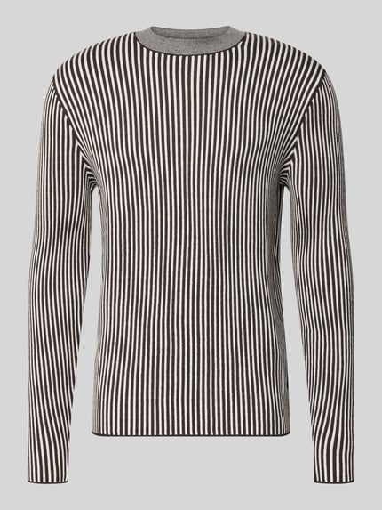 Productfoto, Regular Fit Strickpullover aus Schurwolle-Mix mit Streifenmuster van Armani Exchange, zwart-wit, fijne textuur, elastische boorden, herenpullover, schapenwolmix, regular fit, strepen, ruglengte 70 cm, mouwlengte 69 cm