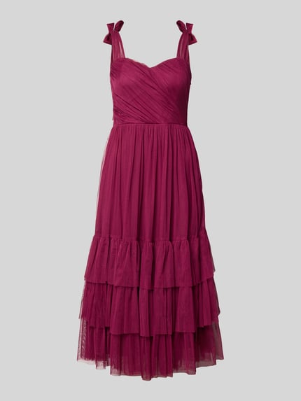 Produktfoto, Knielanges Cocktailkleid im Stufen-Look von LACE & BEADS in Bordeauxrot mit Mesh, A-Linie, Drapierungen, strukturierte Stofftextur