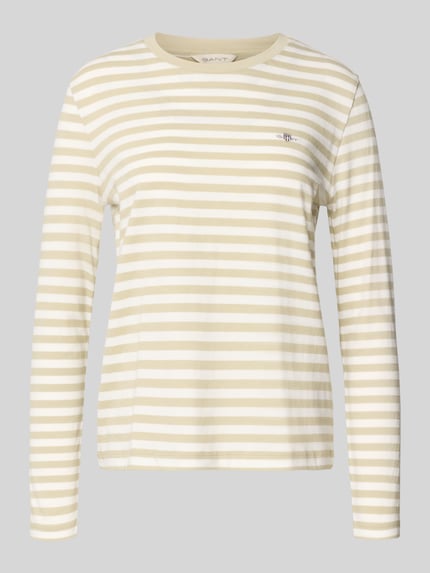Produktfoto, Longsleeve mit Label-Stitching von Gant, creme-weiß gestreift, reine Baumwolle, Regular Fit, Rundhalsausschnitt