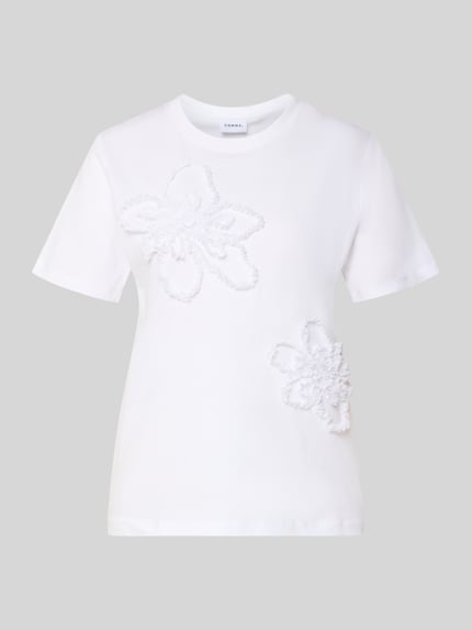 Produktfoto, Regular Fit T-Shirt mit Rüschenbesatz von Comma, Weiß, Reine Baumwolle, Rundhalsausschnitt, Damen T-Shirt, Rückenlänge 56 cm, Größe 36