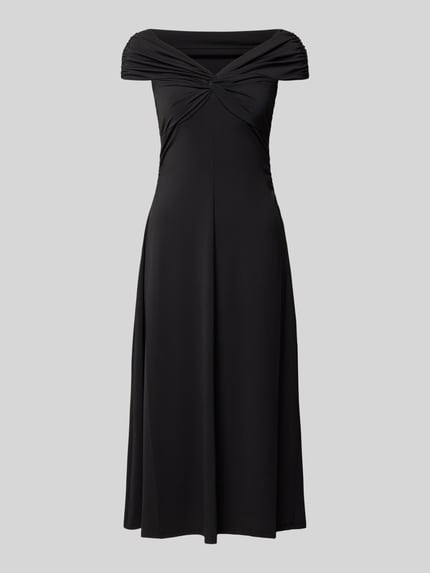 Produktfoto, Midikleid im Off-Shoulder-Design mit Stretch-Anteil von MICHAEL Michael Kors in Schwarz, V-Ausschnitt, Raffungen, taillierte Passform, glatte Textur