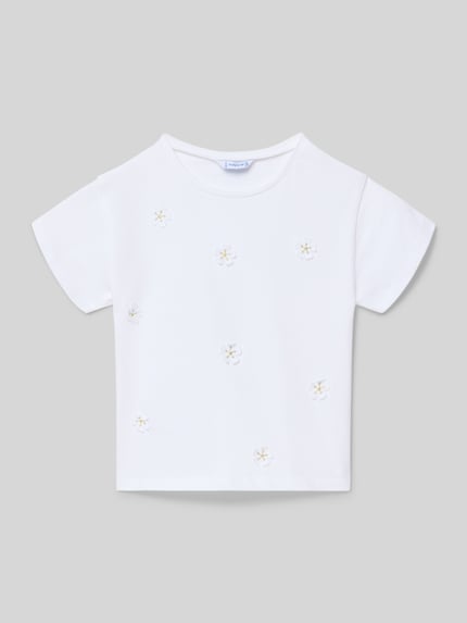 Produktfoto, Kinder T-Shirt aus reiner Baumwolle von Mayoral, weiß, gerade Passform, Rundhalsausschnitt, florale Applikationen mit Effektgarn, kurzärmeliges Design, Rückenlänge bei Größe 116: 37 cm