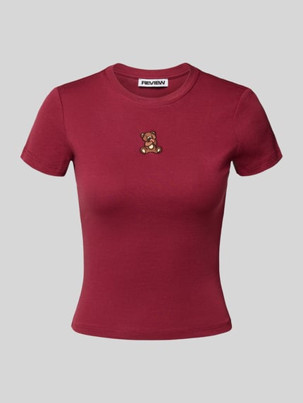 REVIEW T-shirt z wyhaftowanym motywem i okrągłym dekoltem Bordowy 2