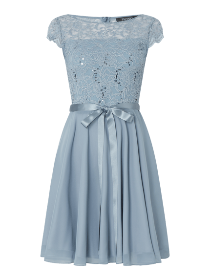 SWING Cocktailjurk met kant en strikceintuur Bleu - 1