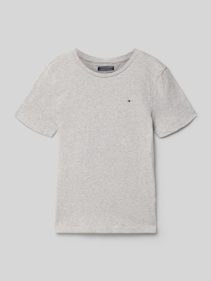 Produktfoto, Regular Fit T-Shirt aus reiner Baumwolle von Tommy Hilfiger, Kinder T-Shirt in Hellgrau mit Logo-Print, Rundhalsausschnitt, glatte Baumwoll-Textur