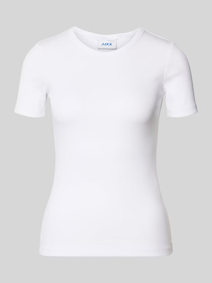 Produktfoto, weißes T-Shirt mit geripptem Rundhalsausschnitt Modell 'FRANKIE' von JJXX, Slim Fit, Baumwoll-Elasthan-Mix, Rückenlänge 54 cm