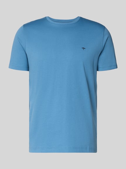 Produktfoto, T-Shirt mit Logo-Print von Fynch-Hatton, Herren T-Shirt aus reiner Baumwolle, gerader Schnitt, Rundhalsausschnitt, Rückenlänge 64 cm in Größe M, hellblaue Farbe, glatte Textur.