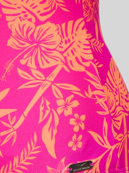 Produktfoto, Slim Fit Badeanzug mit Schlüssellochausschnitt Modell 'Kensi' von VENICE BEACH, elastischer Material-Mix, floraler Allover-Print in Pink und Orange, Metall-Label, strukturierte Oberfläche.