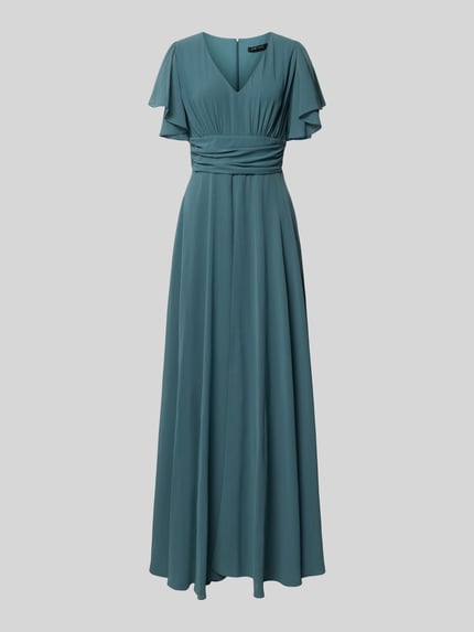 Produktfoto, Jumpsuit aus Chiffon von SWING w kolorze morskim, taliowany krój, dekolt w serek, wszyty zamek błyskawiczny z tyłu, krótki rękaw z rękawami nietoperzowymi, halka pod spódnicę, długość tyłu w rozmiarze 36: 39 cm, szerokość w rozmiarze 36: 38 cm, długość rękawów w rozmiarze 36: 18 cm, całkowita długość w rozmiarze 36: 155 cm, długość wewnętrzna nogawki w rozmiarze 36: 82 cm.
