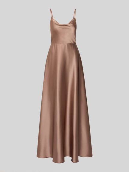 Produktfoto, Abendkleid mit Spaghettiträger und tiefem Rückenausschnitt von Laona in Satin, taillierter Schnitt, Maxikleid, Wasserfall-Ausschnitt, rückenlanger Reißverschluss, seidige Textur in zartem Rosé-Ton.