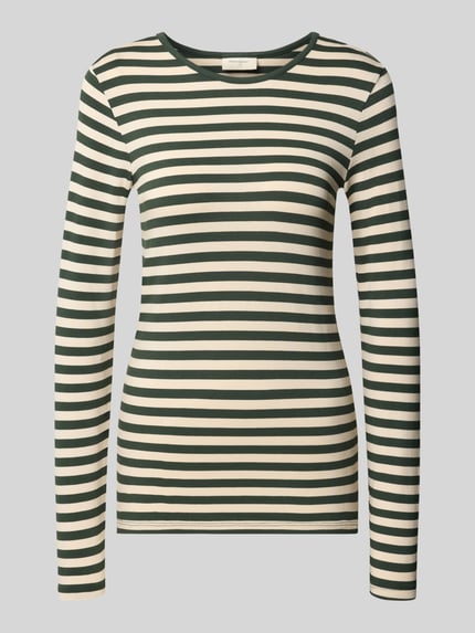 Produktfoto, Skinny Fit Longsleeve aus Viskose-Mix Modell 'Liana' von FREE/QUENT, dunkle und cremefarbene Querstreifen, Rundhalsausschnitt, Damen Longsleeve, elastische Textur, Rückenlänge bei Größe S 61 cm.