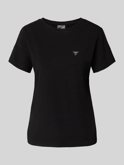 Produktfoto, schwarzes Regular Fit T-Shirt mit Logo-Applikation Modell 'Colette' von Guess, elastischer Baumwoll-Mix, Rundhalsausschnitt