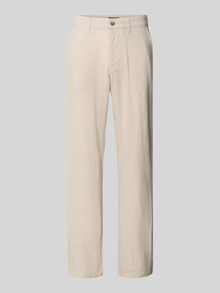 Produktfoto, Hose aus Leinen-Viskose-Mix mit Eingrifftaschen von Christian Berg Men in Beige, Regular-Fit, Knopf- und Reißverschluss, strukturierte leicht matte Oberfläche, Bundweite 47 cm, Innenbeinlänge 78 cm bei Größe 50.