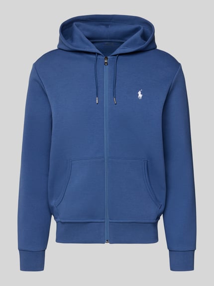 Produktfoto, Sweatjacke mit Kapuze van Polo Ralph Lauren in blauw, mix van katoen en elastaan, regular fit, tunnelkoord, ritssluiting, steekzakken, labelstitching, ribboorden, ruglengte maat M 68 cm, mouwlengte maat M 65 cm.