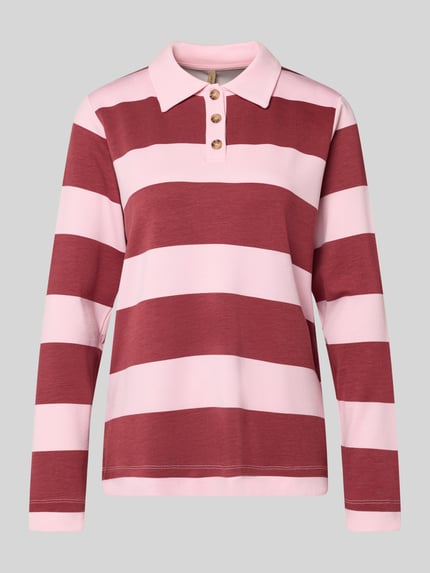 Produktfoto, Sweatshirt mit Polokragen Modell 'BARNI' von Soyaconcept, breite rosa und bordeaux Querstreifen, Knopfleiste, lockerer Schnitt, Material-Mix