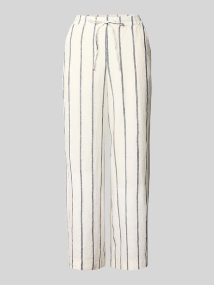 Produktfoto, Straight Fit Leinenhose aus Reinen Leinen Modell 'Callie' von MAC in Weiß mit grauen Streifen, Schlupfhosen-Design, elastischer Bund mit Tunnelzug, verkürzte Passform, Bundweite 39 cm, Innenbeinlänge 70 cm bei Größe 36