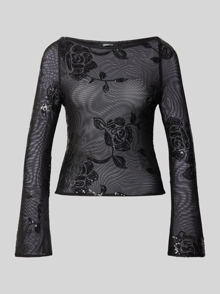 Produktfoto, Slim Fit Longsleeve mit floralem Pailettenbesatz von Gina Tricot, schwarz, semitransparent, ausgestellte Ärmel, elastischer Material-Mix.