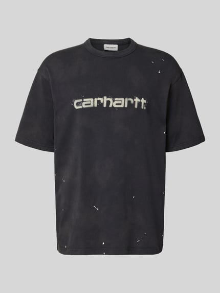 Produktfoto, schwarzes Regular Fit T-Shirt aus reiner Baumwolle Modell 'Painter' von Carhartt Work In Progress, dezentes Label-Detail, sichtbare Used-Optik.