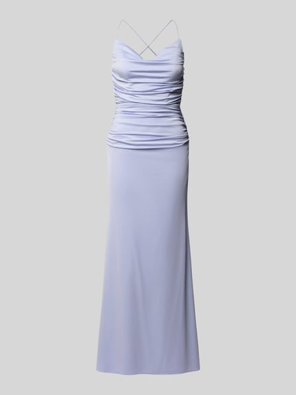 Produktfoto, Abendkleid mit Raffungen von Laona in hellem Fliederton, taillierte Passform, Rückenausschnitt, Rückenlänge 134 cm, glatte Textur