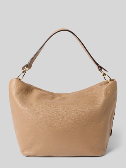 Produktfoto, Handtasche aus Leder mit Label-Detail Modell 'EBONY BIG' von Abro in Beige, strukturierte Oberfläche, goldfarbene Karabiner, Damen Handtasche, Hauptfach mit Reißverschluss, verstellbarer Schultergurt, Innenfach, dezente Form, 42x25x16 cm, Länge Schulterriemen 114 cm