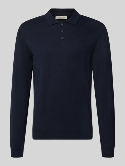 Produktfoto, Regular Fit Strickpullover aus Baumwoll-Mix mit Kaschmir-Anteil von Casual Friday in Dunkelblau, glatte Struktur, Polokragen, elastische Abschlüsse.