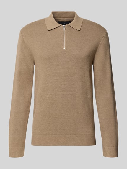 Produktfoto, Regular Fit Strickpullover aus reiner Baumwolle Modell 'LAMILANO' von JACK & JONES in Beige, Umlegekragen, Reißverschluss, glatte Struktur