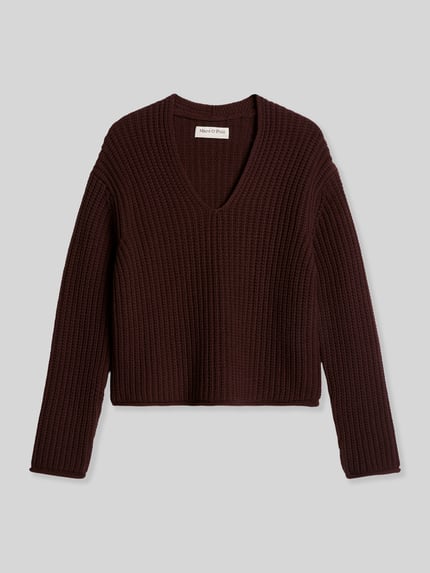 Produktfoto, dunkelbrauner Loose Fit Pullover aus Baumwoll-Mix von Marc O'Polo, grobe Rippenstruktur, Damen Pullover von Marc O'Polo