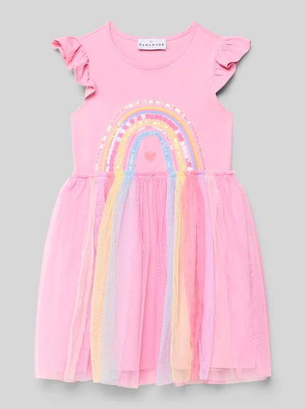 Produktfoto, Kleid mit Pailletten und Stitching von DANAMADE, kinder, Baumwoll-Elasthan-Mix, Gerader-Schnitt, Rundhalsausschnitt, rosa, farbige Tüll-Textur