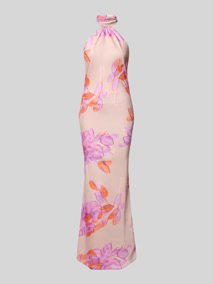 Produktfoto, Abendkleid mit tiefem Rückenausschnitt von Swing aus glänzendem Satin in Beige mit rosa und orangefarbenem Blumenmuster, körpernaher Maxischnitt, Neckholder mit Knopfverschluss, strukturierte glatte Oberfläche