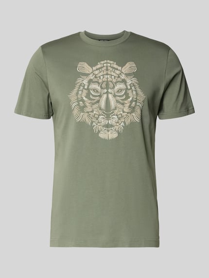 Produktfoto, T-shirt met ronde hals van Antony Morato, heren, mix van katoen en elastaan, regular fit, motief, ruglengte maat M 69 cm, olijfgroen, tijgermotief op borst