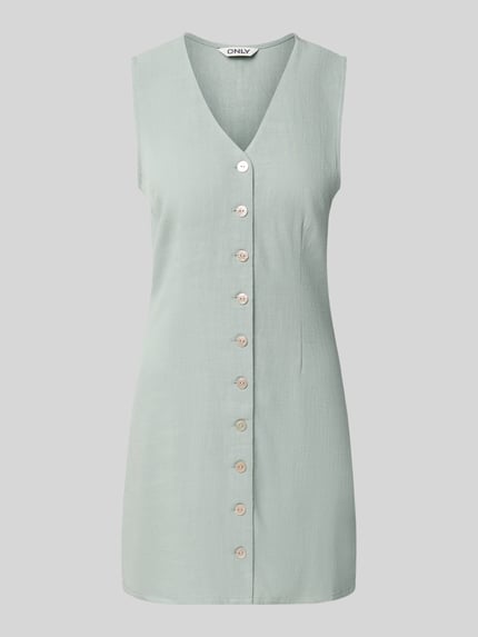 Produktfoto, unifarbens tailliertes Freizeitkleid aus Viskose-Leinen-Mix Modell 'SIESTA' van Only met V-hals, mouwloos, mini, knoopsluiting, flammé textuur
