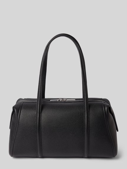 Produktfoto, schwarze Henkeltasche mit Label-Detail von CK Calvin Klein, strukturierte Oberfläche, rechteckige Form, Damen Henkeltasche