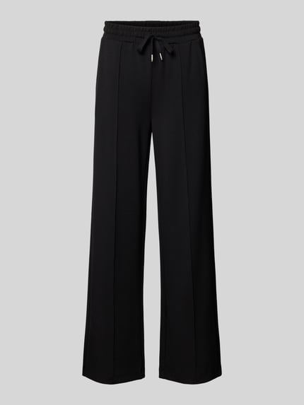Produktfoto, schwarze Mid Waist Stoffhose mit Bügelfalte von SOYACONCEPT, unifarben, Struktur, Tunnelzug, Kordeln, seitliche Taschen, Jersey Modalmix