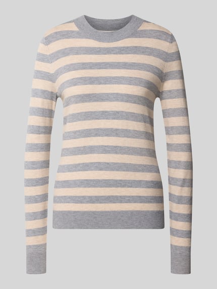 Produktfoto, Strickpullover mit Rundhalsausschnitt von Christian Berg Woman im Viskose-Mix mit tailliertem Schnitt und gerippten Abschlüssen, horizontale Streifen in Grau-Beige, Pullover ohne sichtbare Person.