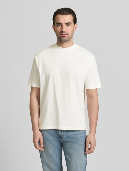 Męski model nosi Regular Fit T-Shirt aus reiner Baumwolle od MCNEAL, krój regular fit, okrągły dekolt, krótki rękaw, długość tyłu w rozmiarze M: 66 cm, jasny odcień, prosta tekstura, pełny widok z przodu.