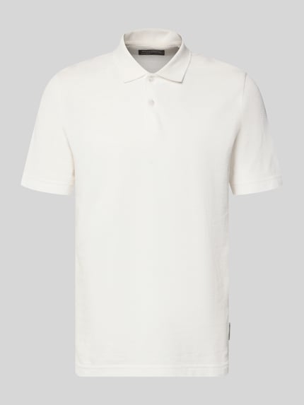 Produktfoto, Regular Fit Poloshirt aus reiner Baumwolle von Marc O'Polo in Weiß mit dezentem Gitterkaro, Polokragen, 2-Knopf-Verschluss, Jacquard-Textur