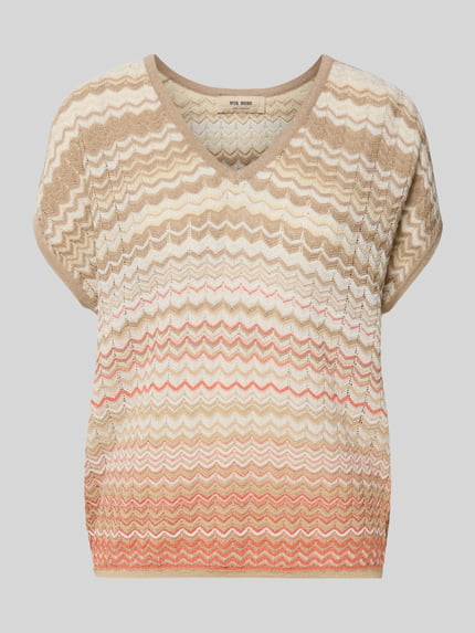 Produktfoto, Strickshirt mit V-Ausschnitt und Kappärmeln Modell 'Shani' van MOS MOSH, katoenmix, loose fit, ruglengte maat S 60 cm, beige oranje tinten, zigzagpatroon, fijne textuur