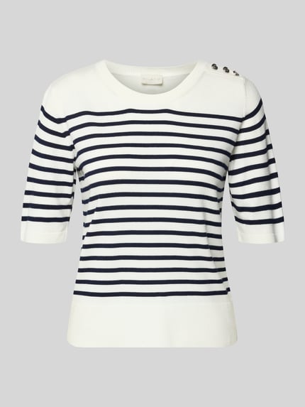 Produktfoto, Strickshirt aus Viskose-Elasthan-Mix mit Knopfleiste von Milano Italy, weiß mit dunkelblauen Streifen, Regular Fit, Rundhalsausschnitt, strukturierte Oberfläche