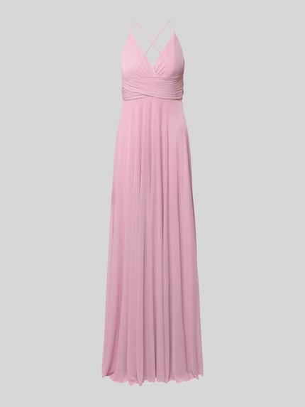 Produktfoto, różowe 'Abendkleid mit rückseitig überkreuzten Spaghettiträgern' od Jake*s Cocktail, szyfon, A-linia, maksi, dekolt V, marszczenia, tylny sznurowany zamek i haftka, długość pleców w rozmiarze 36: 126 cm, szerokość w rozmiarze 36: 38 cm